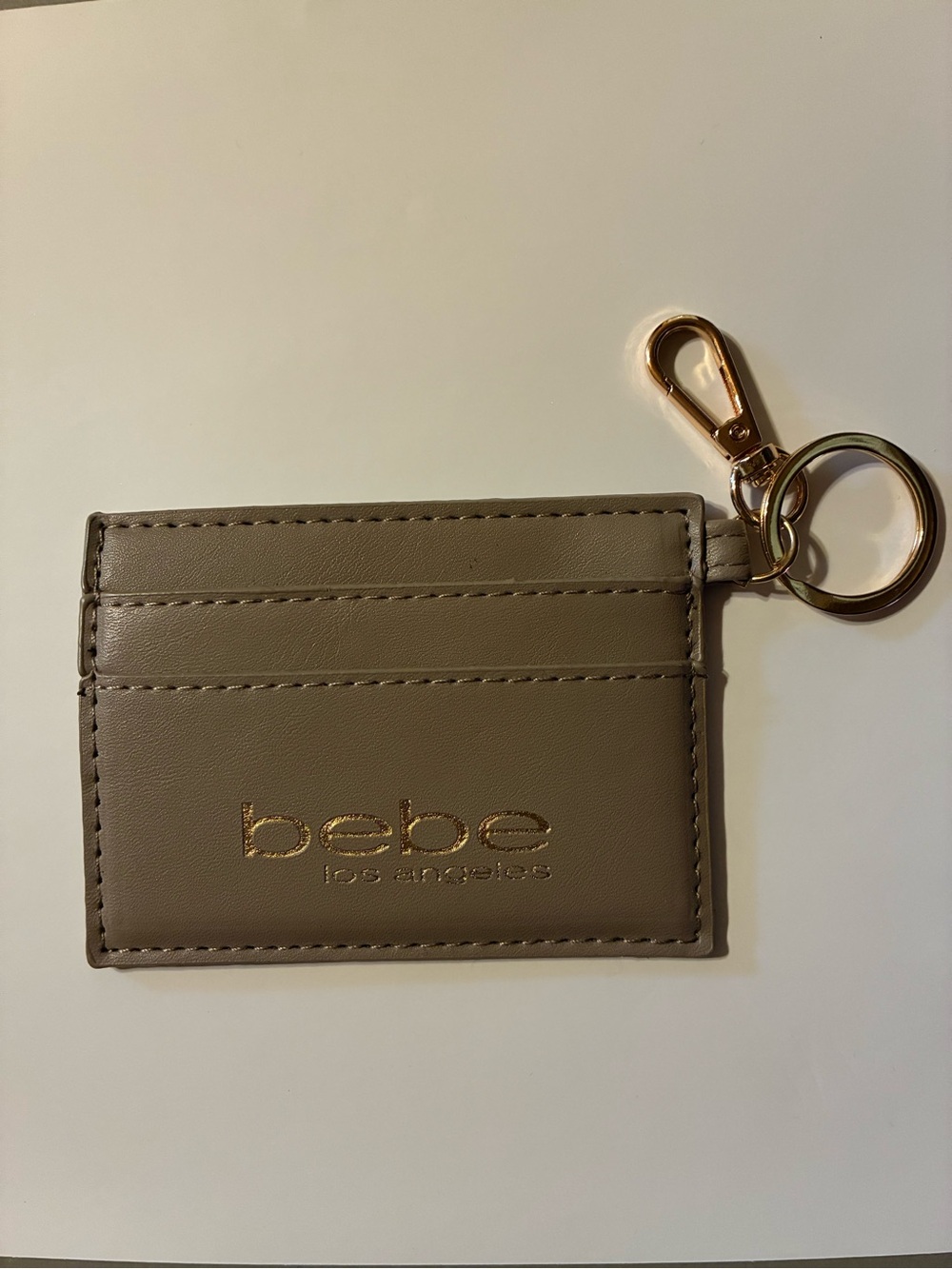 bebe Taupe Card Holder Keychain with Gold Hardware